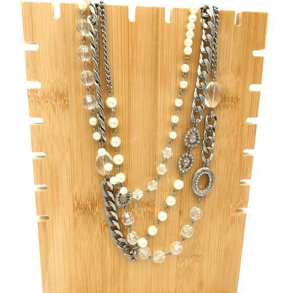 Layered Necklace 22" Silver Tone Chain Imitation Pearls Lucite Beads Multi Layer - Picture 10 of 13